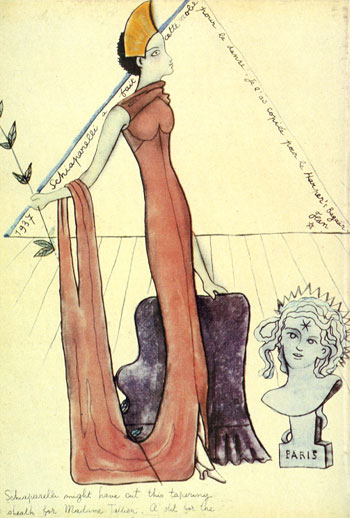Elsa Schiaparelli design illustrated by Jean Cocteau for Harper's Bazaar (1937)