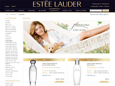 Estee Lauder Pleasures website