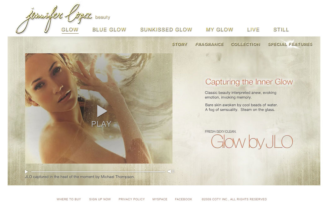 Jennifer Lopez Glow website - Special Features