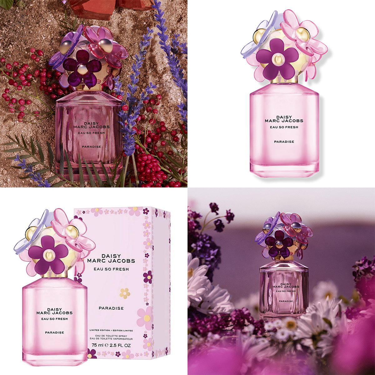 Marc Jacobs Daisy Eau So Fresh Paradise perfume bottle, packaging, and fragrance ads