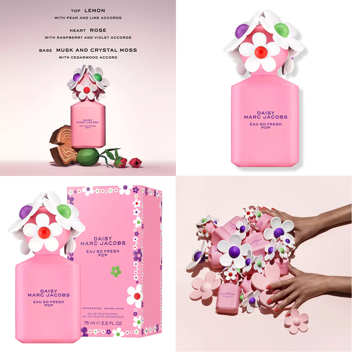 Marc Jacobs Daisy Eau So Fresh Pop fragrance bottle, packaging, and perfume ads