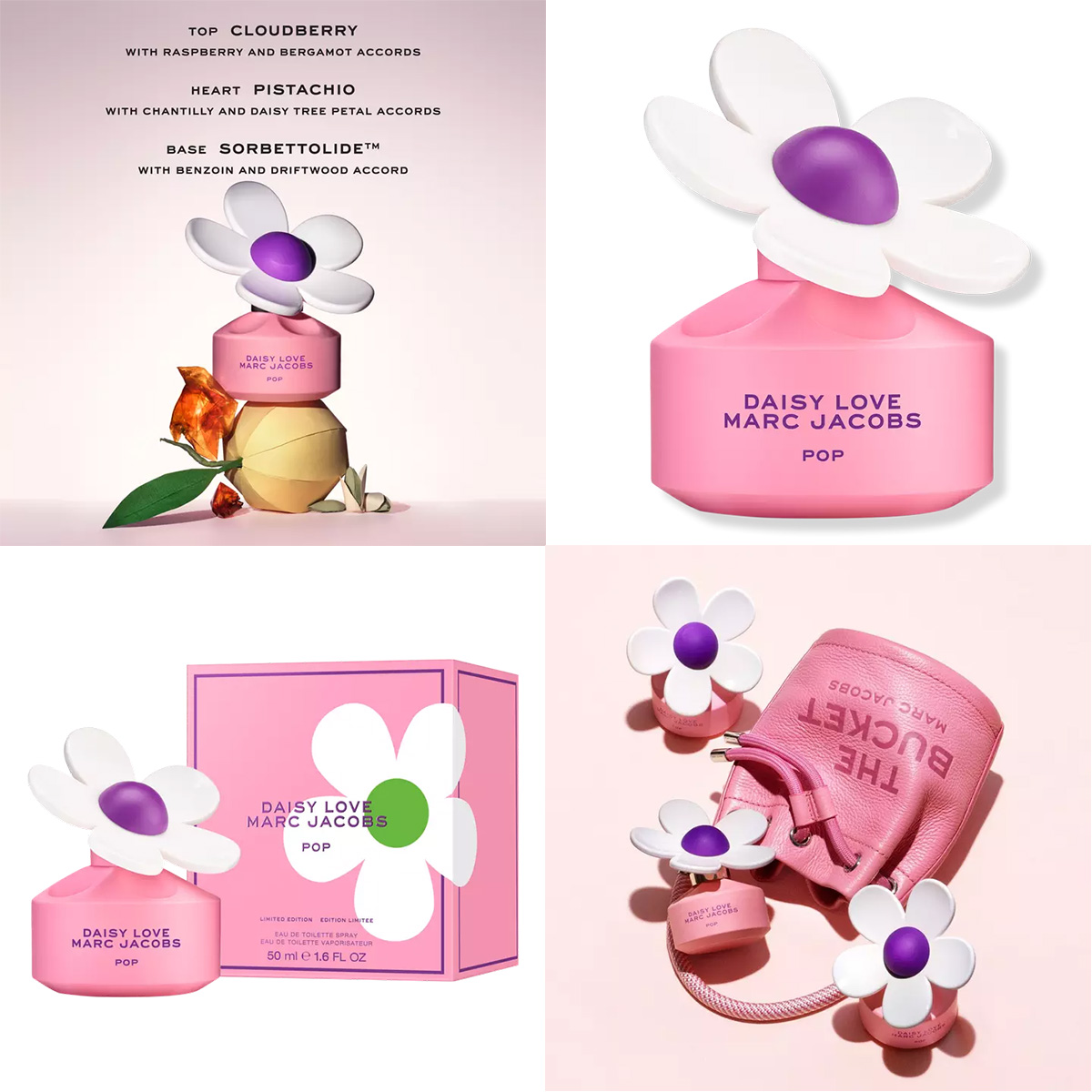 Marc Jacobs Daisy Love Pop perfume bottle, packaging, and fragrance ads