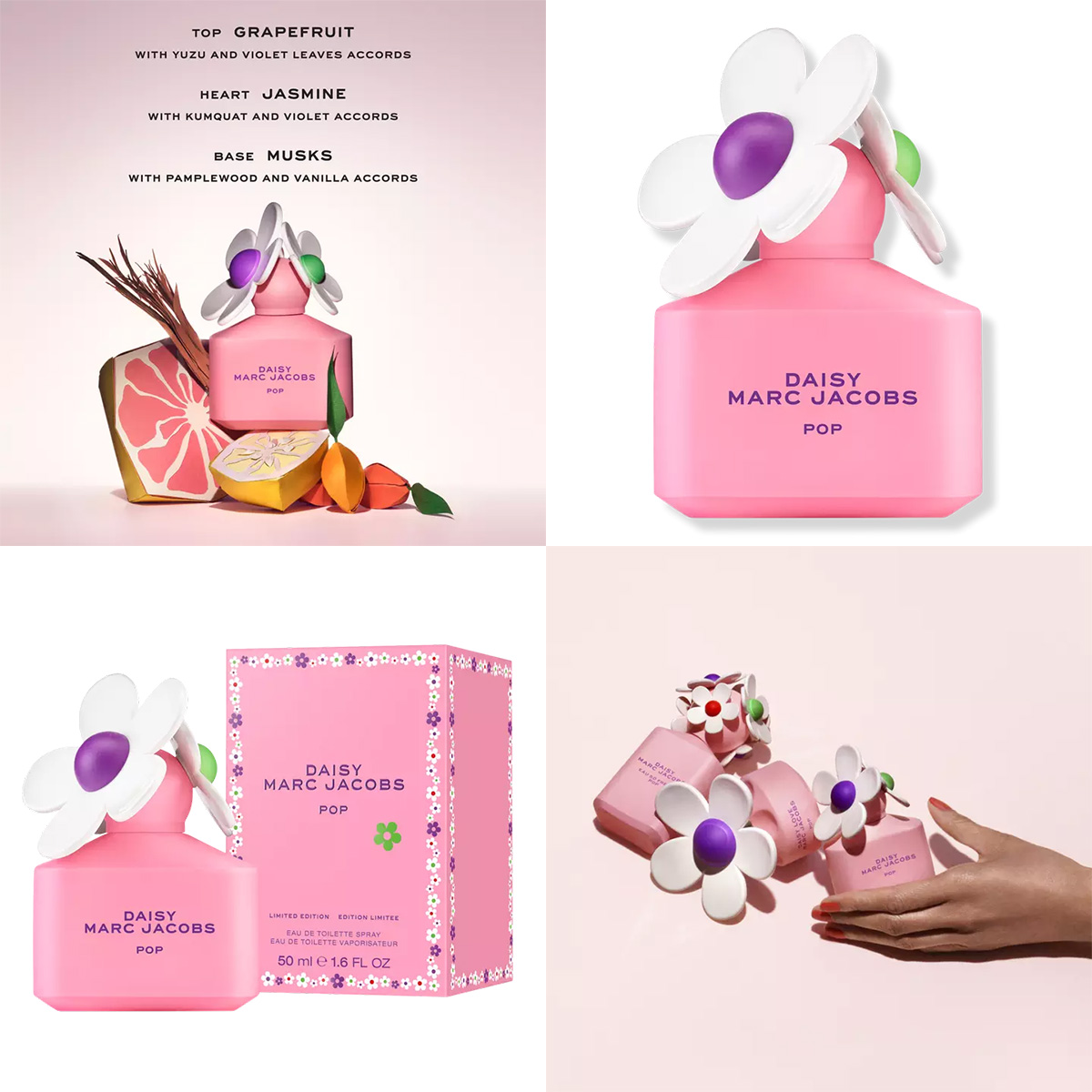 Marc Jacobs Daisy Pop perfume bottle, packaging, and fragrance ads