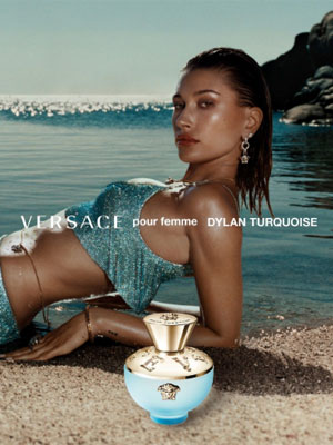 Versace Dylan Turquiose perfume ad Hailey Bieber